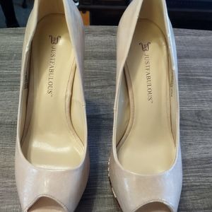 JustFab Open Toe Platform Blush & Snakeskin Heels, Size 7